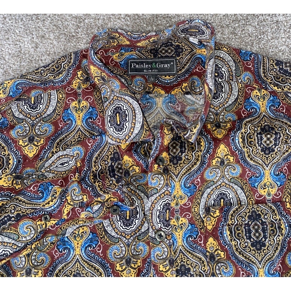 Paisley And Gray Slim Fit Mens L-17 Aztec‎ Floral Loud Colorful Print Cotton